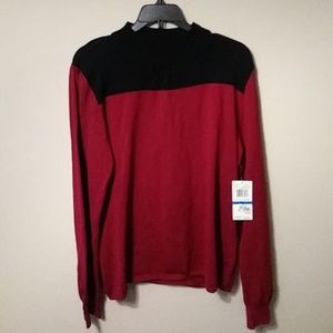 Red and black long sleeve knit top